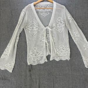Crochet Tie Front Cardigan White Open Knit Long Sleeve scalloped hem